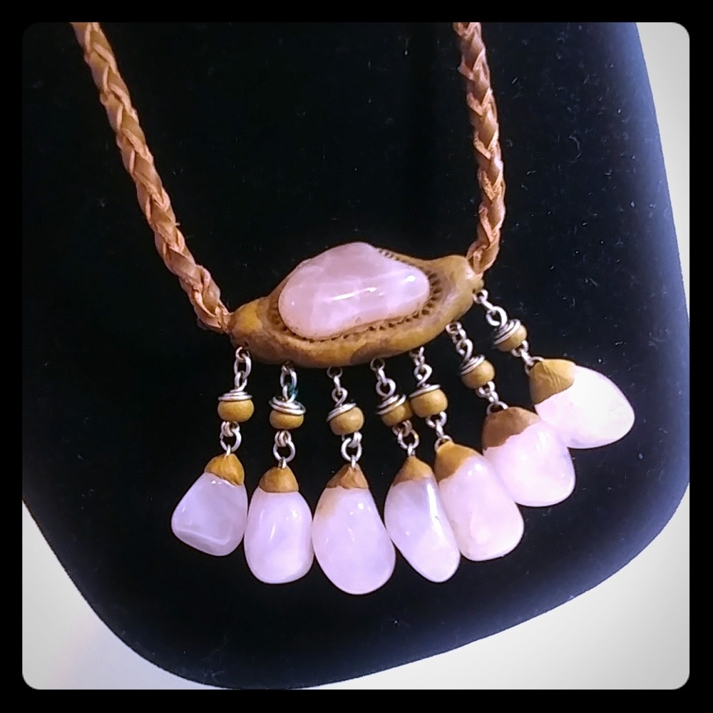 Unique Vintage Pink Stone, Clay & Silver Arts & Crafts Necklace